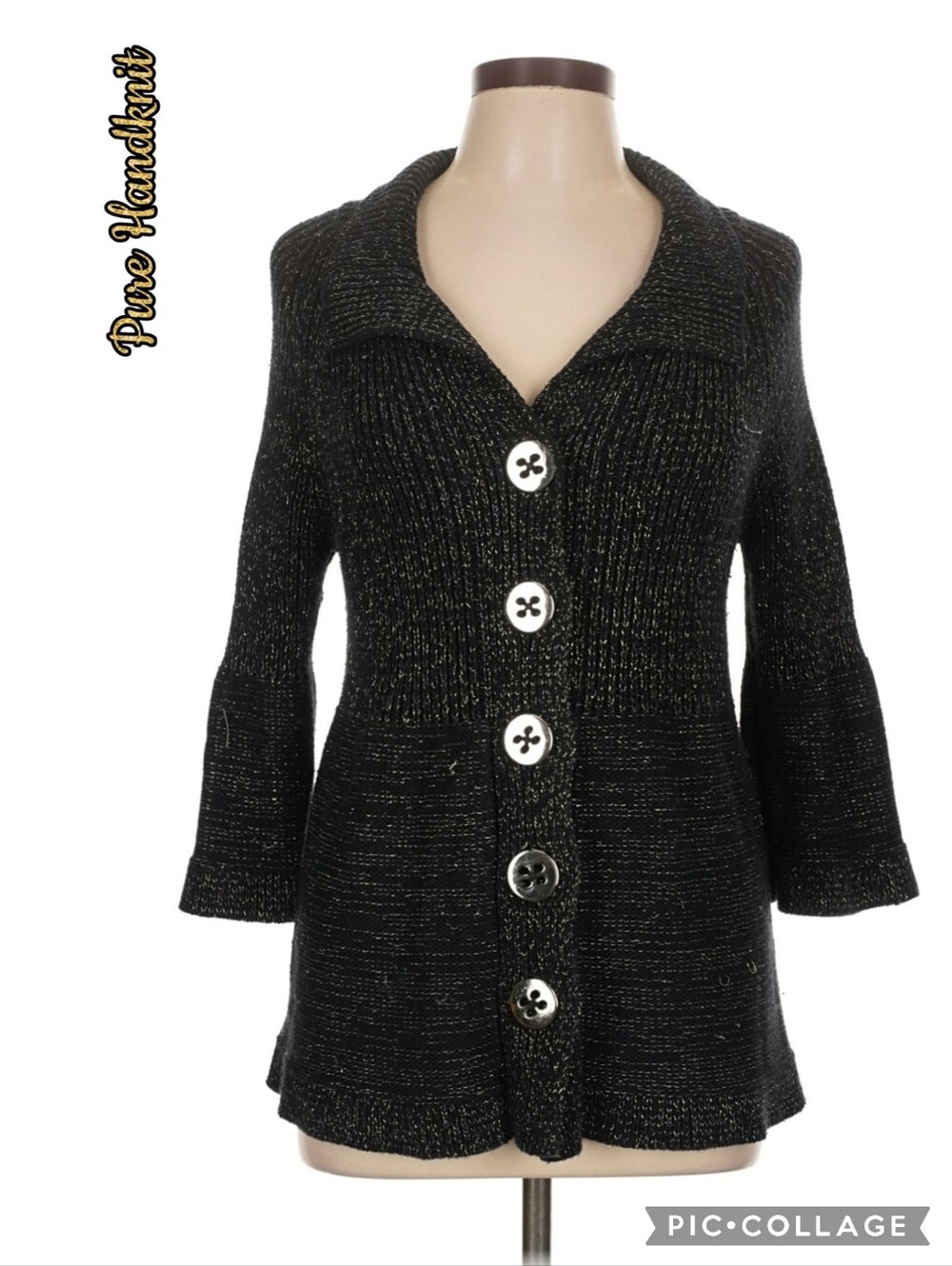 PURE black metallic 5 button-front knit cardigan & shawl collar 100% cotton logo